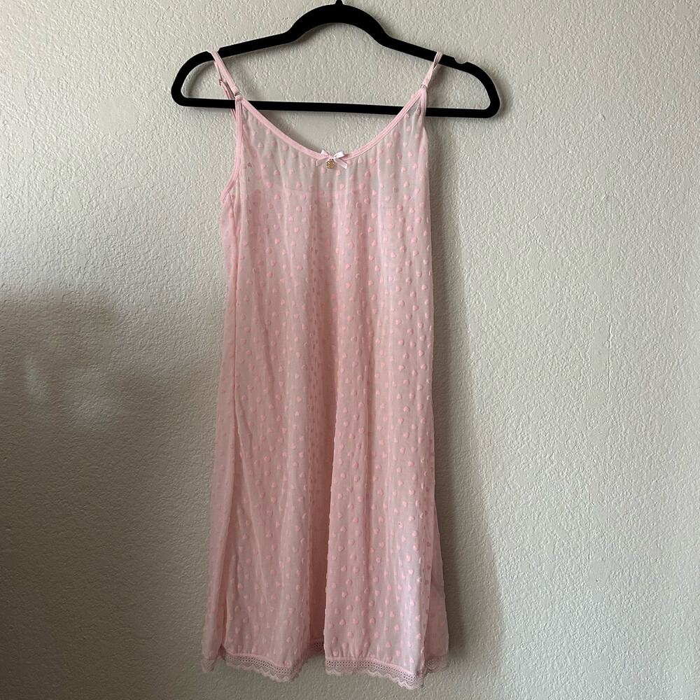 Y2K Daisy Fuentes Flocked Heart Mesh Fabric V-Neck Slip Dress Pink Size Large